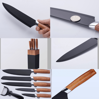6 - Piece Wooden Handle Stainless Kitchen Knife Set – Premium Fruit, Bread & Chef Knives - Utensil Lab