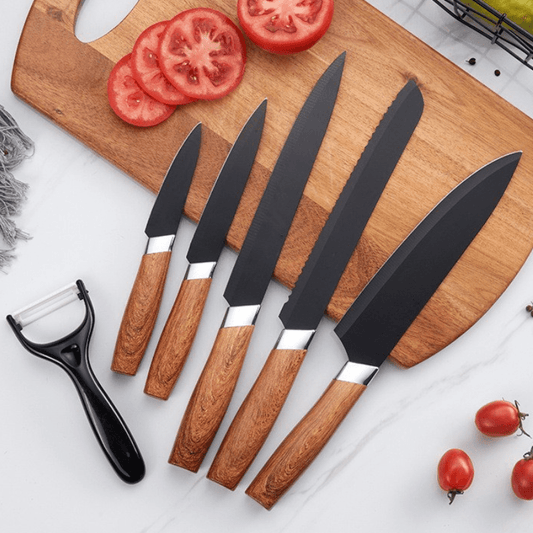 6 - Piece Wooden Handle Stainless Kitchen Knife Set – Premium Fruit, Bread & Chef Knives - Utensil Lab