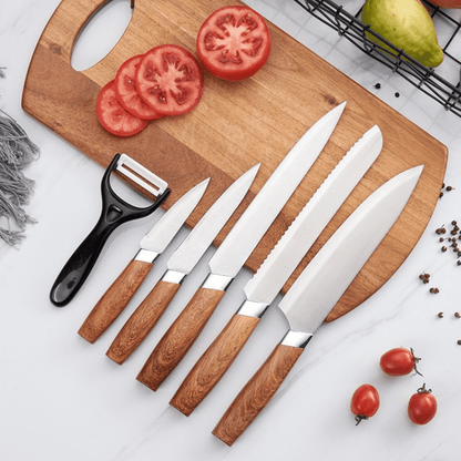 6 - Piece Wooden Handle Stainless Kitchen Knife Set – Premium Fruit, Bread & Chef Knives - Utensil Lab