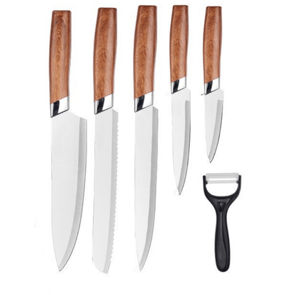 6 - Piece Wooden Handle Stainless Kitchen Knife Set – Premium Fruit, Bread & Chef Knives - Utensil Lab
