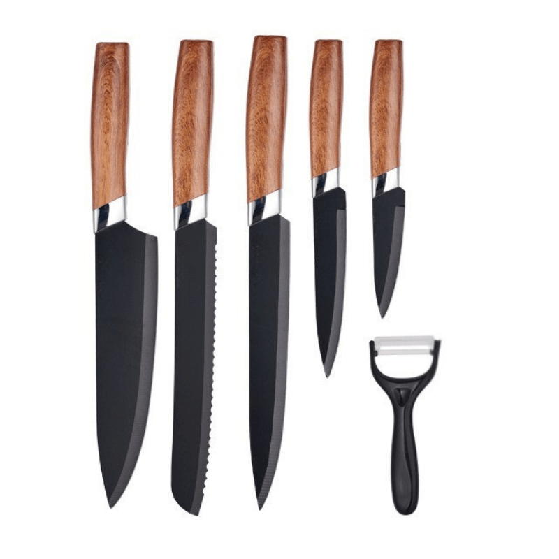 6 - Piece Wooden Handle Stainless Kitchen Knife Set – Premium Fruit, Bread & Chef Knives - Utensil Lab